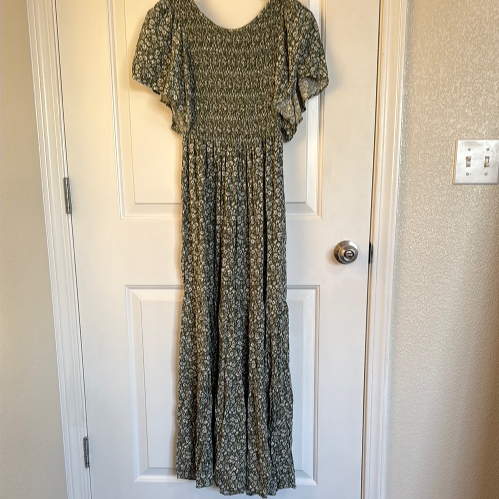 Green and White Smocked Maxi Sundress with Flutter Sleeves